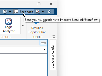 Feedback button in the Simulink quick access toolbar with this tooltip: "Send your suggestions to improve Simulink/Stateflow"