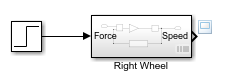 A Step block connects to the input of a Subsystem block named Right Wheel. The input port of the subsystem is named Force, and the output port of the subsystem is named Speed. A scope icon next to the subsystem output port indicates that the output port is connected to a scope viewer..