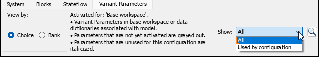 Variant parameters tab in Variant Manager with the Show list