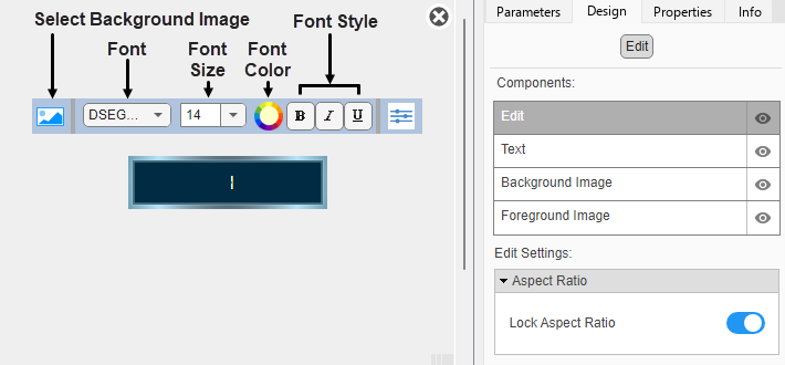 Customizable Edit block in design mode with the toolbar and the Design tab in the Property Inspector visible.