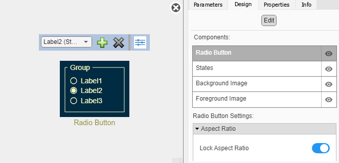 Customizable Radio Button block in design mode with the toolbar and the Design tab in the Property Inspector visible.