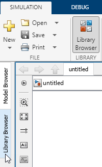 Simulink window with the Library Browser in docked mode and minimized, and the pointer hovering over the Library Browser tab