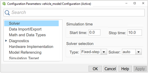 Configuration Parameters dialog box, with Solver selected from the menu on the left, and the options for simulation time and solver selection on the right