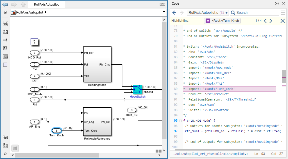 In the RollAsixAutopilot.c file, this line is selected: Inport: '<Root>/Turn_Knob'. In the RollAxisAutopilot model, the Inport block named Turn_Knob is selected.