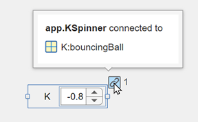 Spinner in App Designer with a binding icon in the top-right corner. The mouse is pointing to the binding icon and a pop-out contains the text: "app.KSpinner connected to K:bouncingBall".