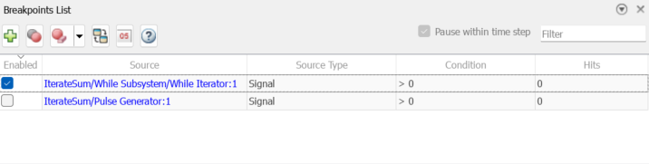 The Breakpoints List displays a table that contains information about the two breakpoints configured in the model. The breakpoint on the output of the Memory block is enabled. The breakpoint on the output of the Pulse block is disabled.