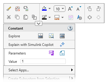 The Constant block context menu is open and the format bar is expanded.