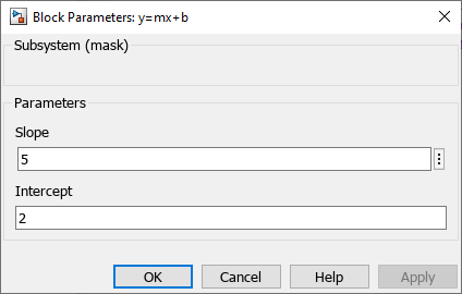 The Block Parameters dialog for a Subsystem block mask shows text boxes where you can edit the values of the parameters Slope and Intercept.