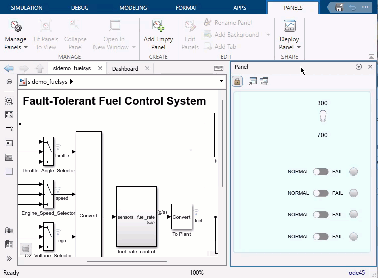 A panel is docked to the right edge of the Simulink Editor. The canvas is selected, and a blue outline is displayed. The pointer drags the title bar of the docked panel to the left edge of the outlined area. A blue area appears. The pointer releases, and the panel docks to the left edge of the editor..
