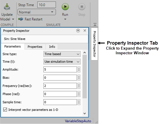 The Property Inspector for a Ramp block is open to the Parameters tab. The Slope is set to 2 and the Start time is set to 3. The Property Inspector tab at the right edge of the Simulink window is labeled with the text "Click to Expand Property Inspector Window".