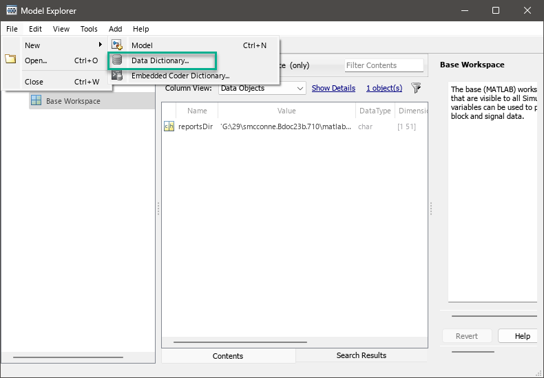 Model Explorer with Data Dictionary option selected.
