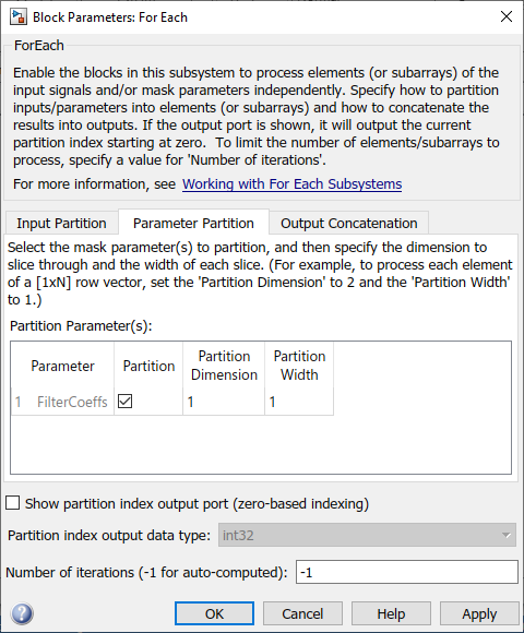 Parameter Partition tab of Block Parameters dialog box for For Each block