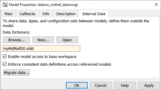 External Data tab in the Model Properties dialog box with the name of the new data dictionary displayed in the text box