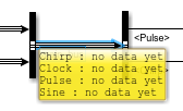 The port value label on the bus named main_bus displays the text no data yet as the value for the Chirp, Clock, Pulse, and Sine signals