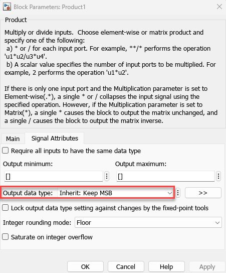 Block Parameters dialog for Product block. The Output data type parameter is highlighted.