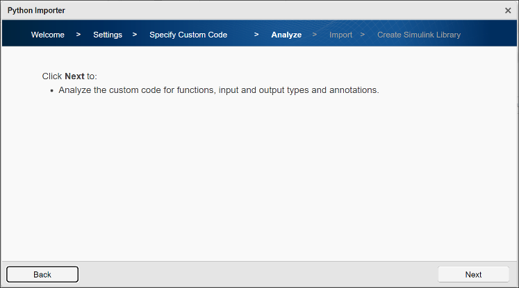 Analyze [page specifying the analyze step where the Python importer identifies functions included in the code