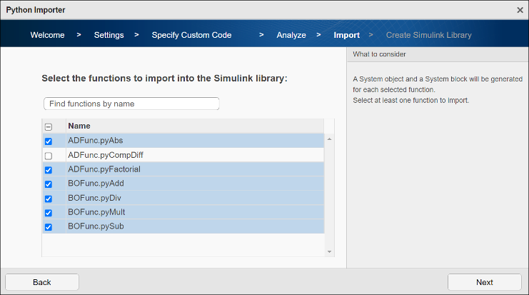 Python importer lists the identified functions to import. Make your selection here