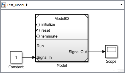 Add Model block and reference the export-function model