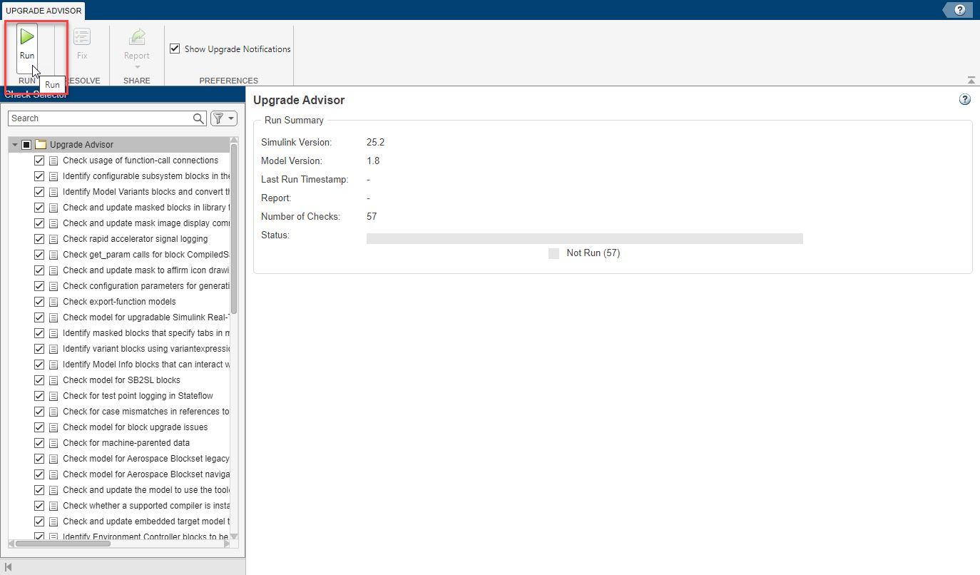 The Upgrade Advisor tool shows the list of checks in the left pane with the Upgrade Advisor node selected and the Run Summary in the right pane.
