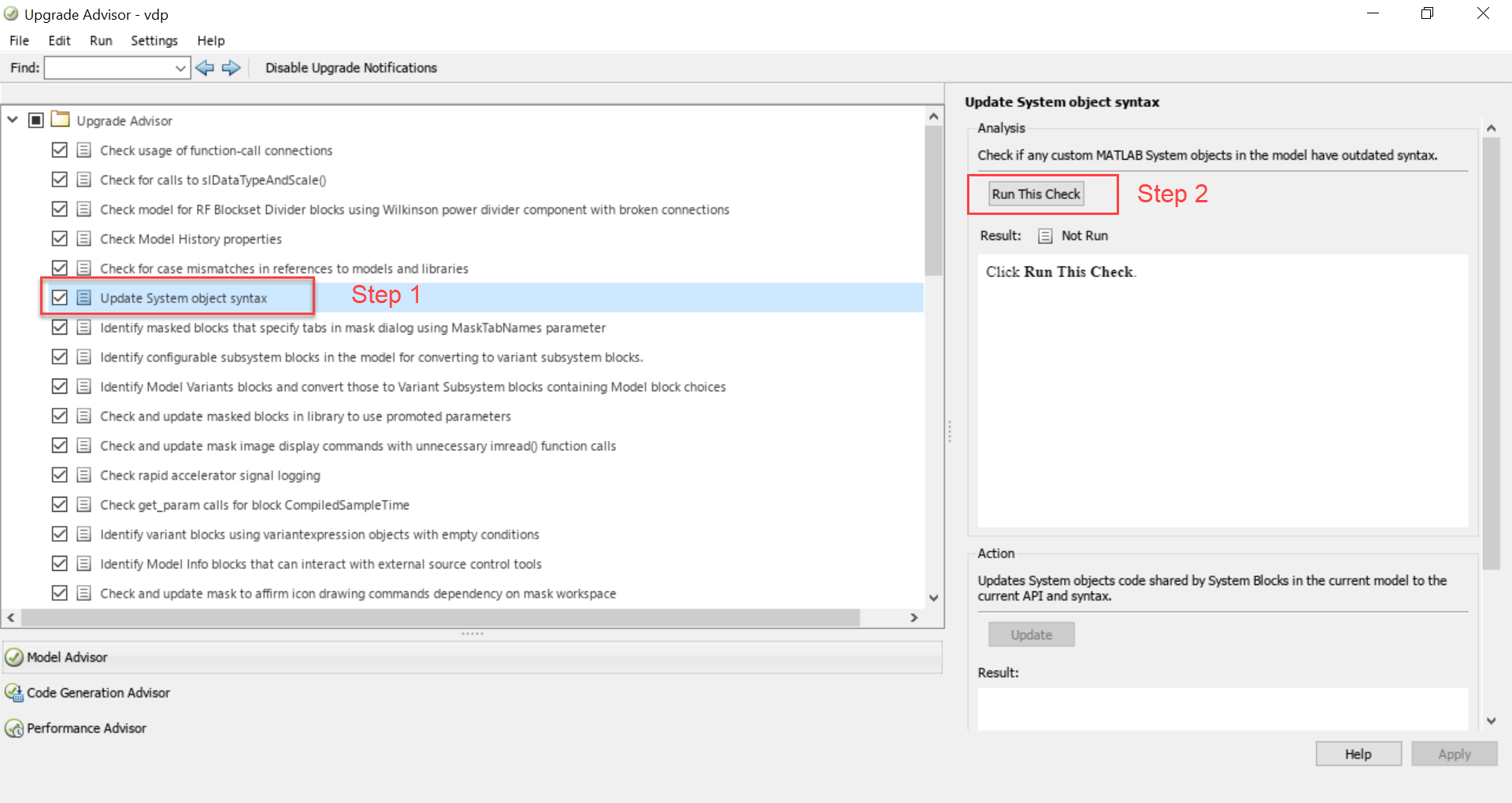 Upgrade Advisor with one check selected in the left pane and Run This Check button in the right pane.