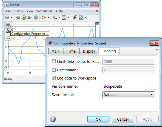 Scope window and scope configuration properties window.