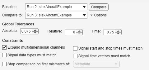 Comparison options menu in the Simulation Data Inspector.