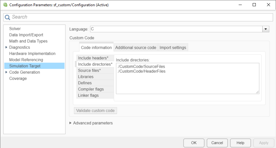 The Simulation Target pane of the Configuration Parameters dialog box shows the relative paths to two subfolders.