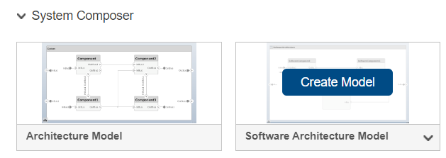 Simulink Start Page showing the Software Architecture Model template located under the System Composer category.