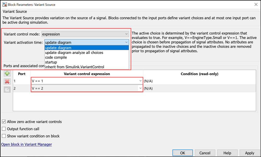 Variant control mode and variant activation time in the block parameters dialog box