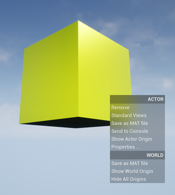 Box actor in virtual world with context menu for actor and world.