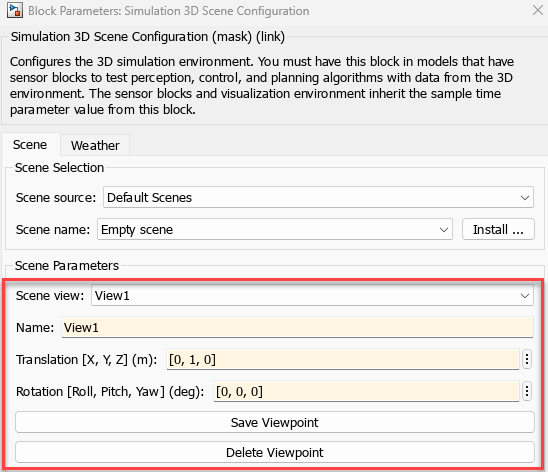 Simulation 3D Scene Configuration block parameters dialog box with the scene parameters when scene view is specified as viewpoint.