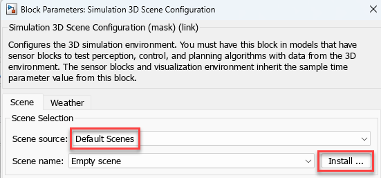Simulation 3D Scene Configuration block parameters dialog box with install option.