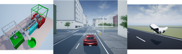 3D visualization images of industrial robot, vehicle on a city block, and airplane landing