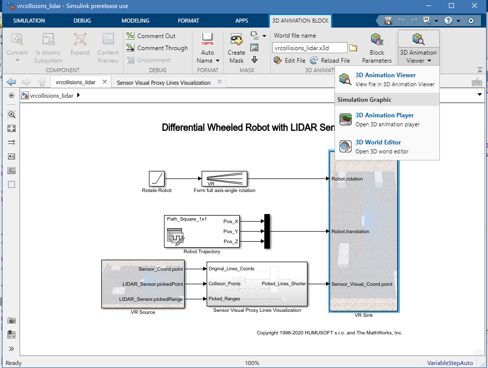 View of SImulink desktop with custom 3D animation toolstrip at the top