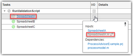 Process Advisor UI showing that the RunValidationScript task is outdated because the validation script for SpreadsheetA was changed