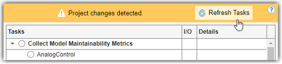 Mouse pointing to Refresh Tasks button in "Project changes detected" warning banner