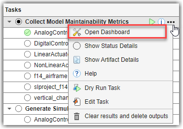 Open Dashboard option for the task iteration