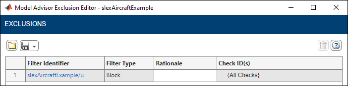 Model Advisor Exclusion Editor with exclusion for "u" Inport block