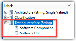 Labels pane showing the Testing Interface category with the labels Software Component and Software Unit