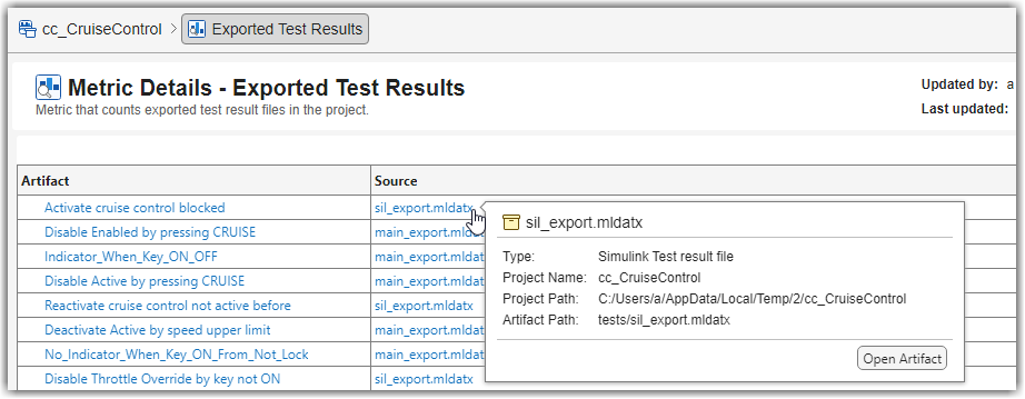 Metric Details table showing multiple exported test result files