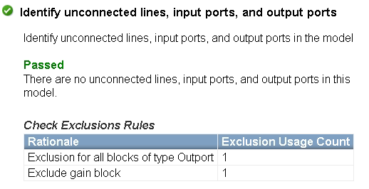 The check passed and the two exclusions are listed in the Check Exclusions Rules table