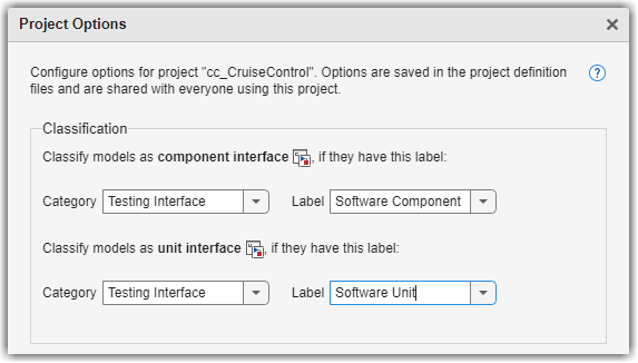 Project Options dialog box showing categories and labels specified for component and unit interfaces