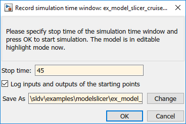 Record simulation time window showing Stop time of 45 seconds