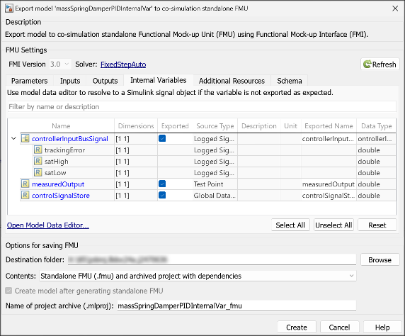 FMU export tab