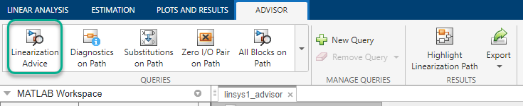 Advisor tab highlighting the Linearization Advice query on the left side of the Queries gallery.