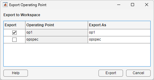 Export dialog with three columns from left to right: Export, Operating Point, Export As.