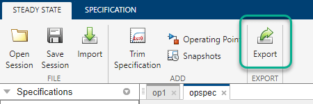 The Export item in the toolstrip is the rightmost item on the Steady State tab.
