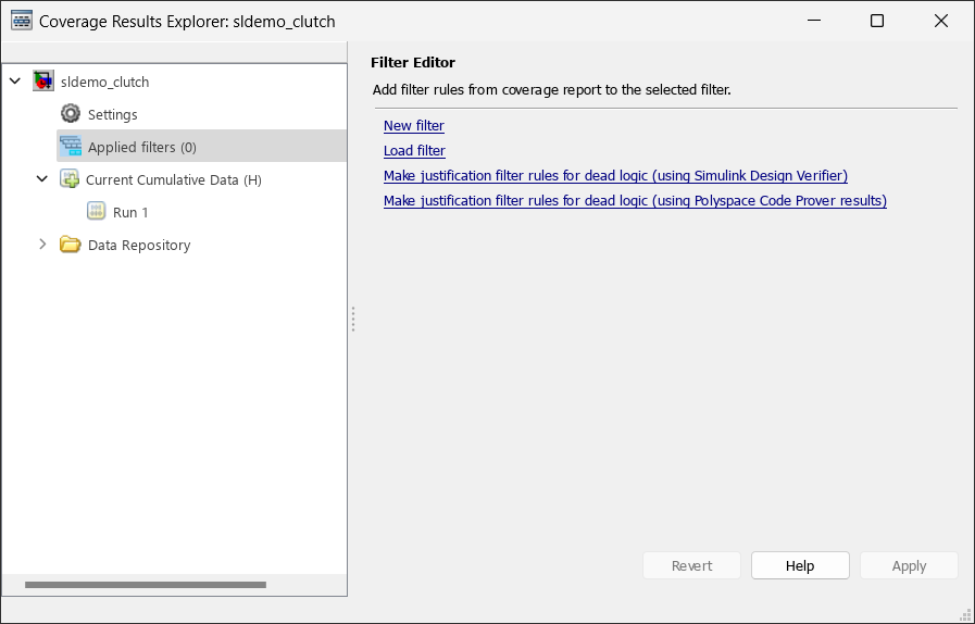 Default view of the Filter Editor pane of the Results Explorer.