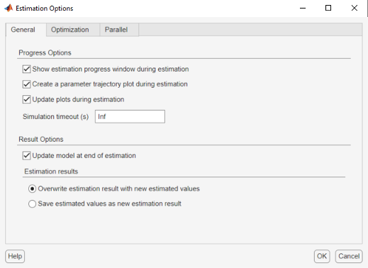 General tab in the Estimation Options dialog box with all the Progress Options and Result Options selected. The option to Overwrite estimation result with new estimated values is also selected.