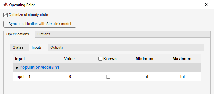 Operating Point dialog box with Optimize at steady-state checked. The In1 input is specified under the Inputs tab which is under the Specifications tab.